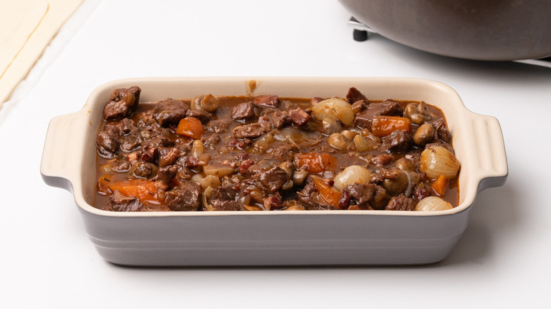 beef bourguignon in baking dish