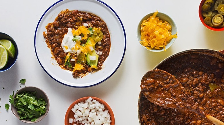 beef chili and lots of toppings