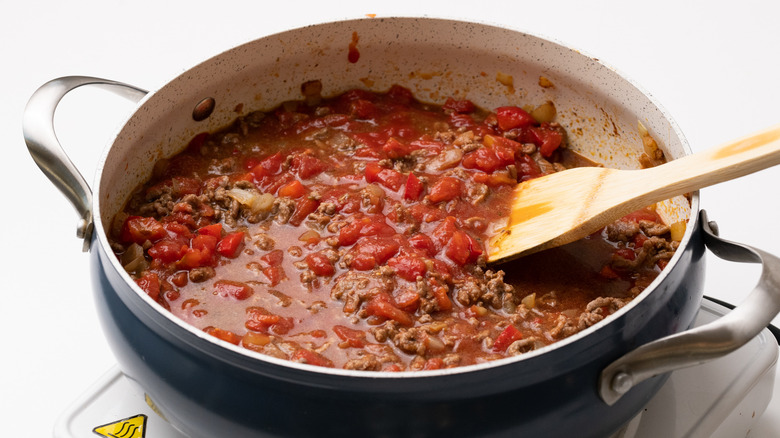 Saucepan with mince cooking