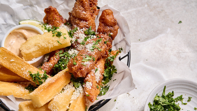 beer battered fish and chips in basket