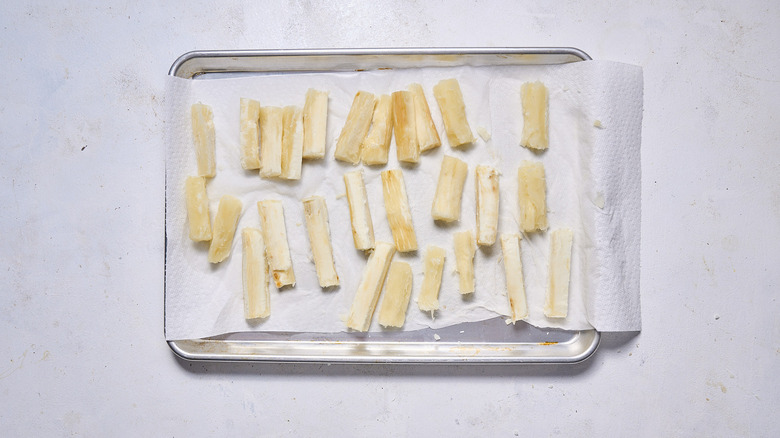 yuca sliced into fries