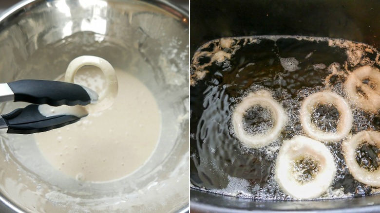 dipping and frying onion rings