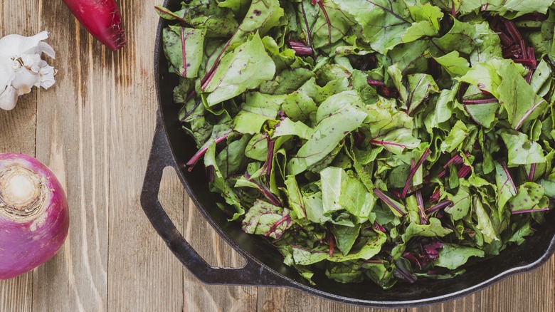 Beet greens in skillet