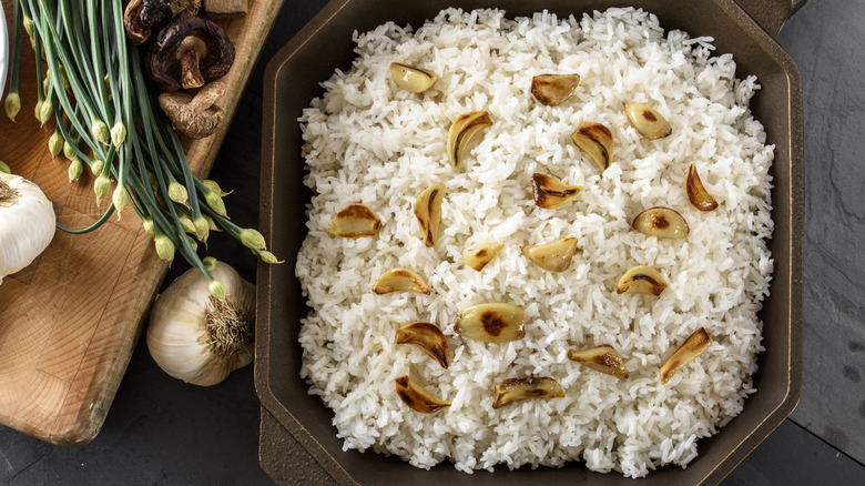 rice with browned garlic on top
