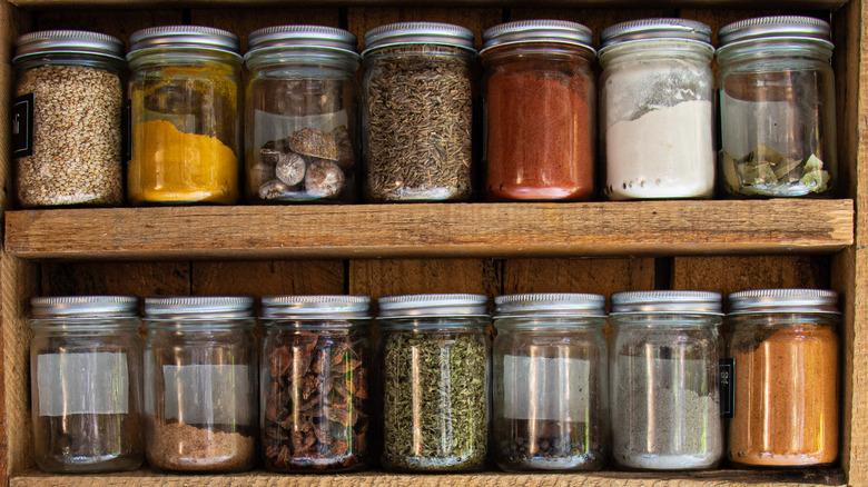 shelves of dried herbs and spices