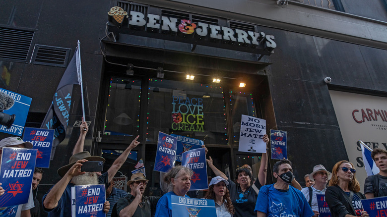 protest outside a New York Ben & Jerry's in August 2021