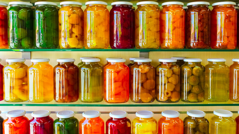 multi-colored jars of vegetables