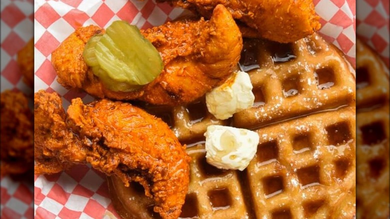 Hot chicken on waffles with syrup