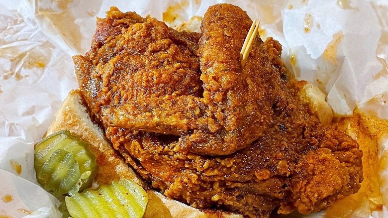 Prince hot chicken with pickles on bread