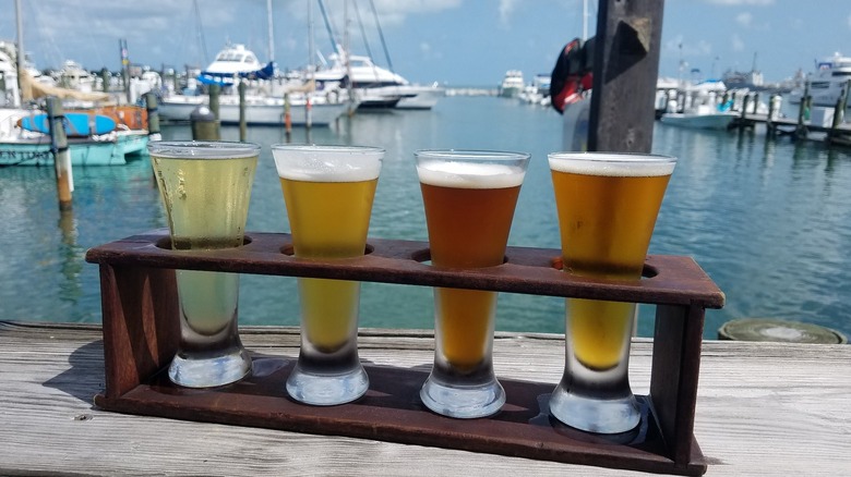 Beer flight on a patio dock