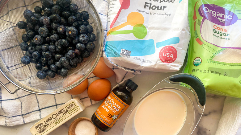 blueberry clafoutis ingredients on counter 