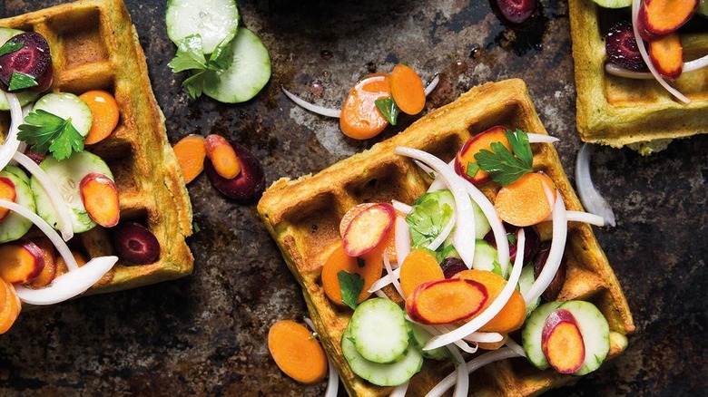 falafel waffles topped with veggies