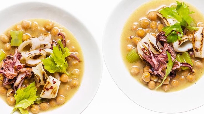 two bowls of squid with chickpeas