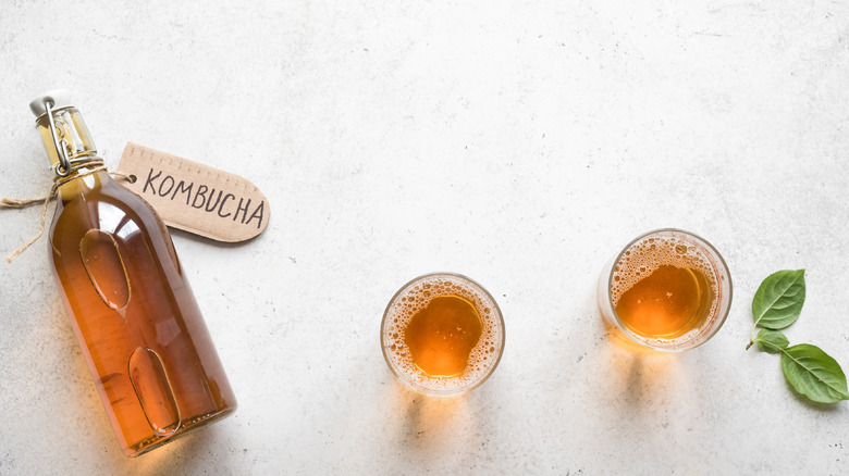 Bottles of kombucha and glasses