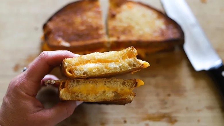 Hand holding cut grilled cheese