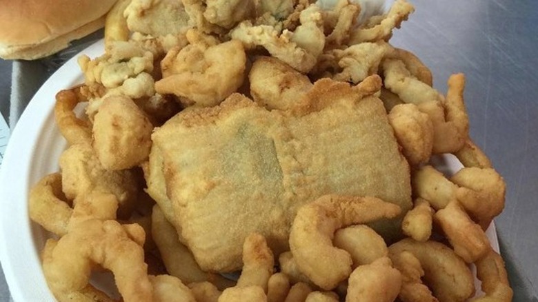 Fried fish, shrimp, and bread