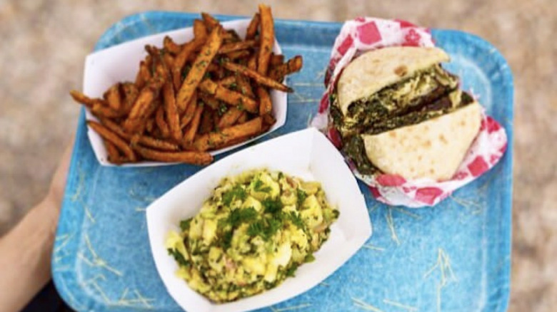 Sweet potato fries with veggie burger