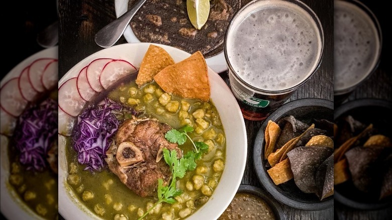 Posole with beer and chips