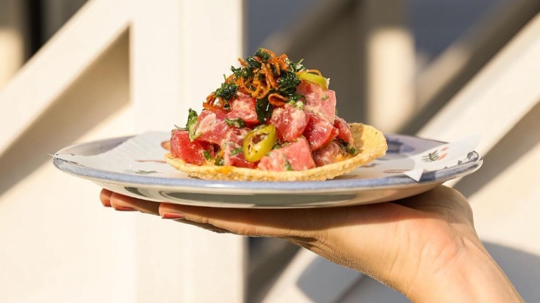 Hand holding a plate with a tuna tostada 