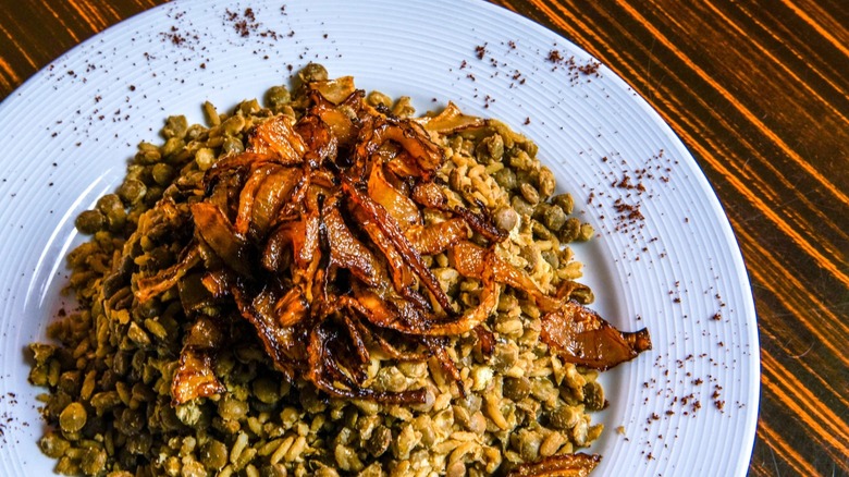 Plate of rice and crispy onion