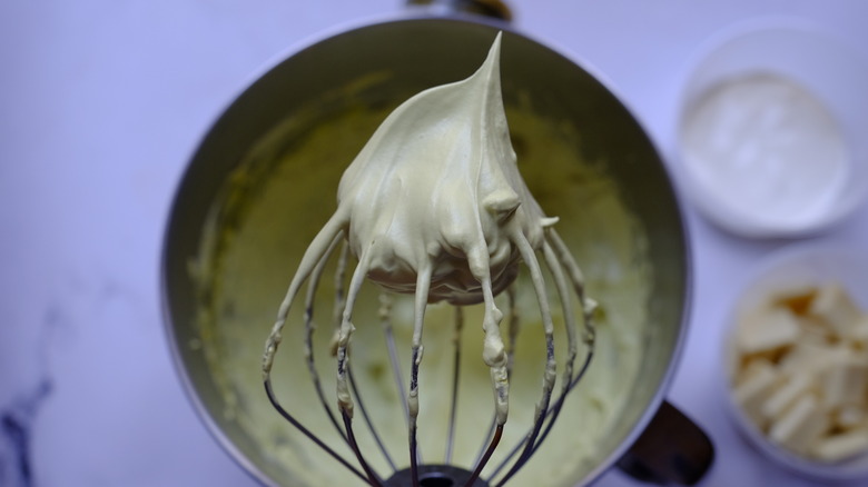 macaron batter on whisk