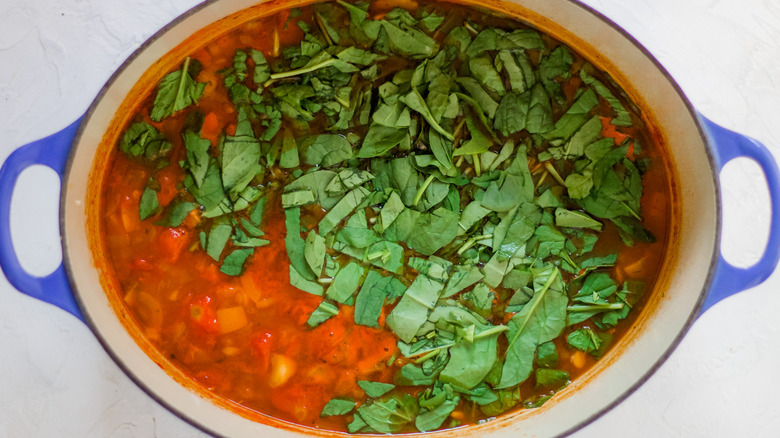 soup with spinach in pot