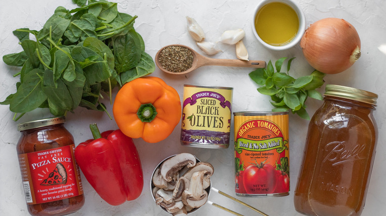 pizza soup ingredients on counter