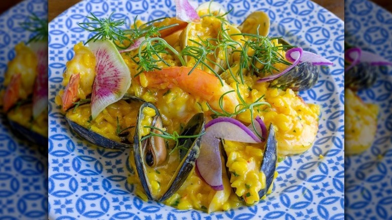 Saffron risotto, uni butter, shellfish