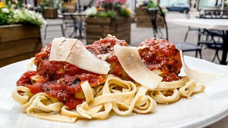 Plate of pasta, outside dining