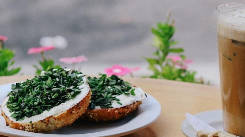 Herb bagel and iced latte