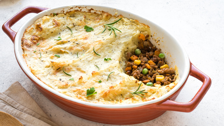 Shepherds pie in casserole dish