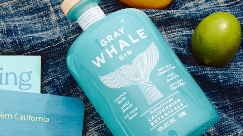 Bottle of Gray Whale gin on a beach
