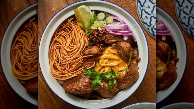 Vegetarian duck, noodle, onion, chili crisp.