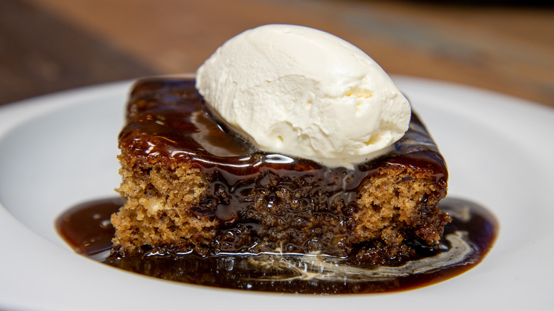 Sticky toffee pudding on plate