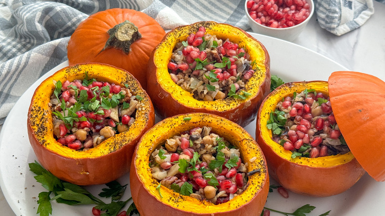 4 stuffed pumpkins on platter