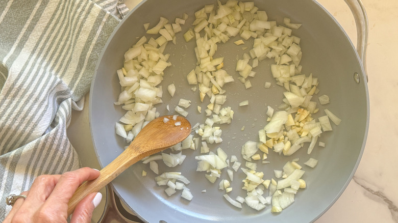 onions and garlic in pan