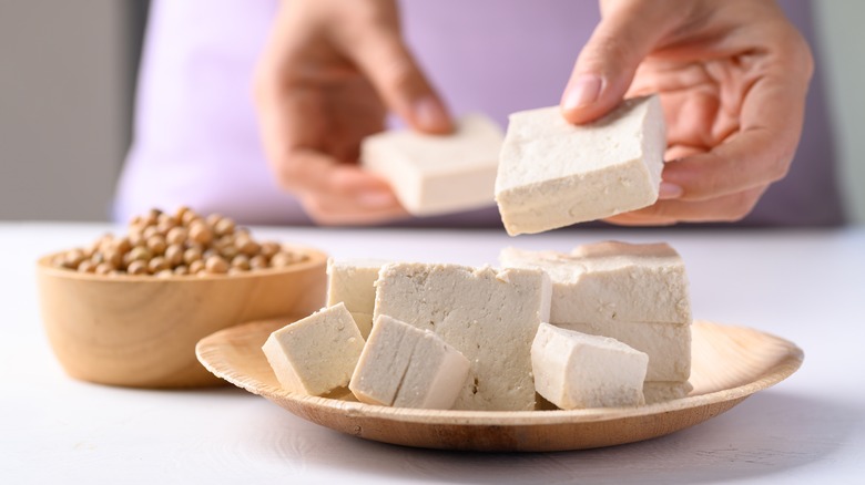 Hands holding tofu