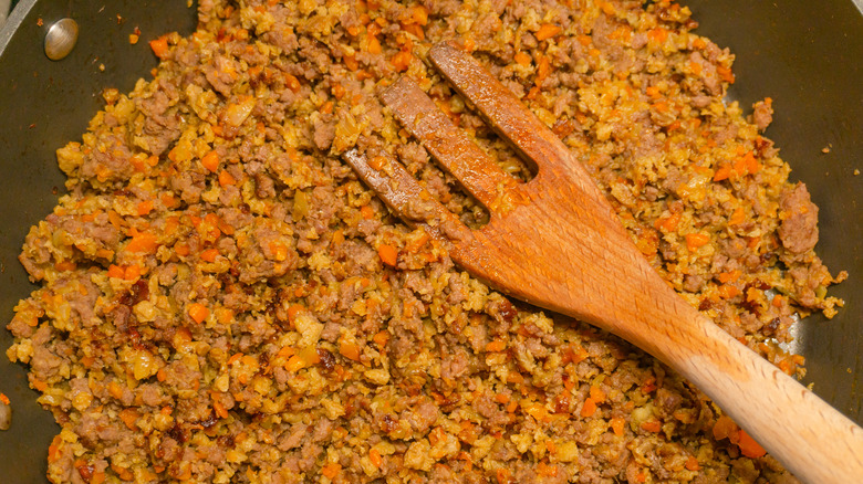 Cooked ground seitan in pan