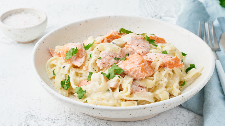 salmon on a pasta dish