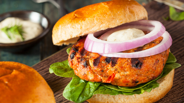 salmon burger on a bun