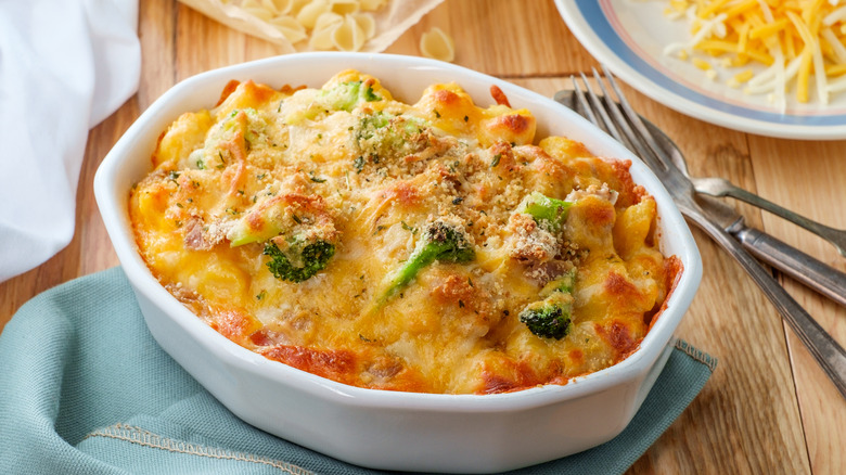 tuna salmon casserole in a baking dish