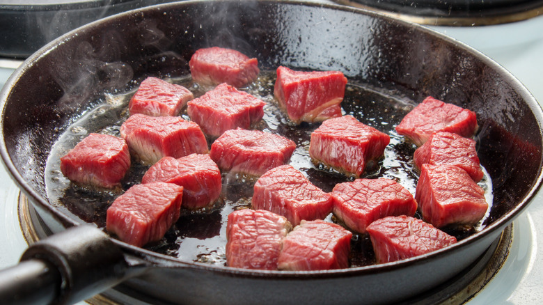 Beef cubes searing