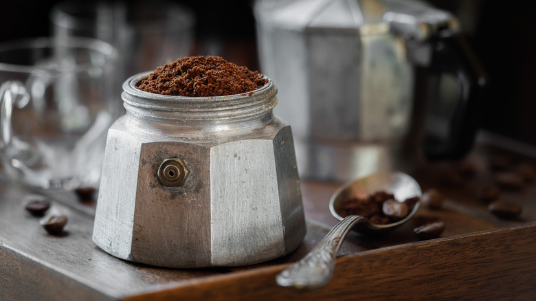 coffee grounds in a Moka pot