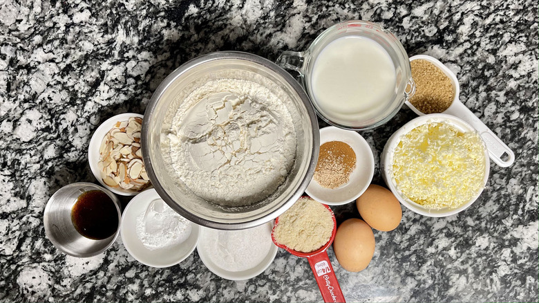 ingredients for almond scones on marble counter