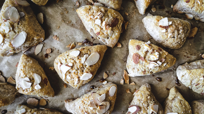 triangular scones with almonds, close up