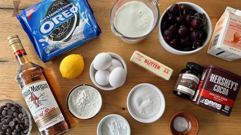 Ingredients for black forest cream pie with Oreo crust