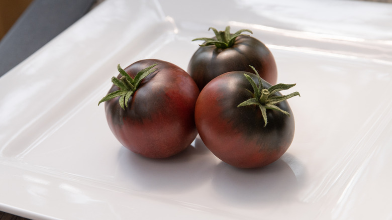 Cherokee Purple tomatoes on plate