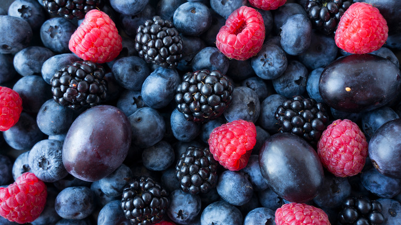 Top-down view of fresh blueberries, raspberries, blackberries, and grapes