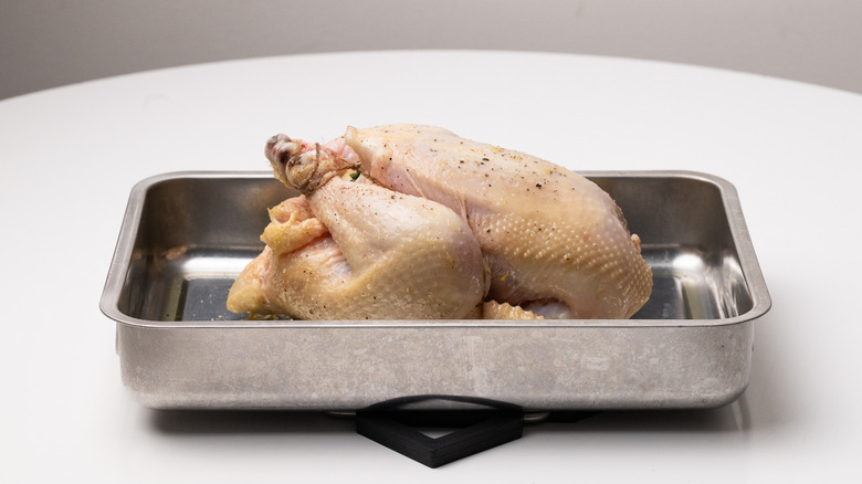 chicken in roasting tray
