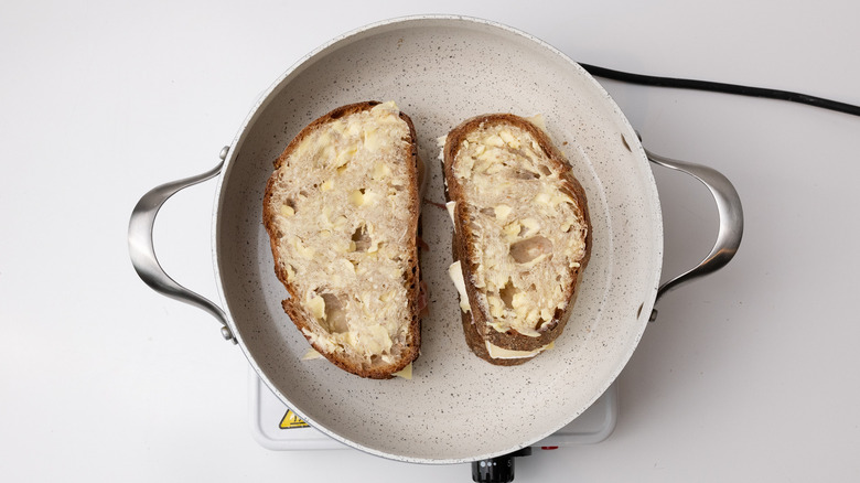 grilled cheese assembled in pan